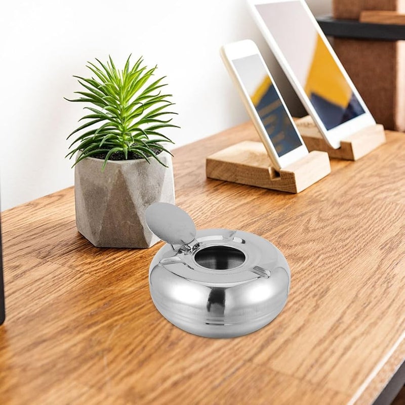 Stainless Steel Windproof Ashtray With Lid 13cm Round Metal Cigarette Ash Container For Outdoor Patio Home - Image 3